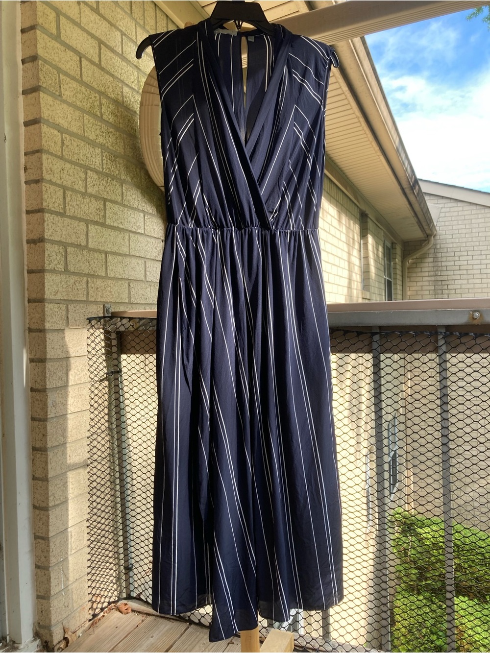 Vince Blue White Striped Dress 100% Silk Draped Cross Front Coastal Dress